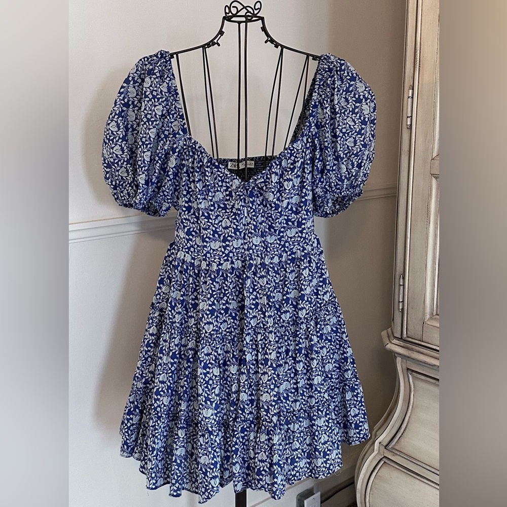 Zara Floral Puff Sleeve Mini Dress in Blue and White